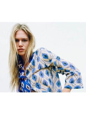 Zara Women’s XS Blue Abstract Print Button Front Blouse Long Sleeve Morocco